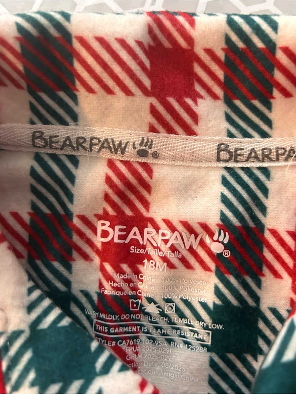 BearPaw Red Green Cream Plaid Fleece Pajama Set w Bear Patch on Pocket Size 18M - Picture 4 of 7